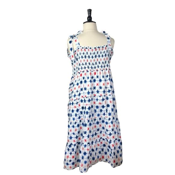 J. Crew Dress Smocked Tie Sleeves Sundress Red Blue Stars Women’s Plus Size 2X - Picture 6 of 14
